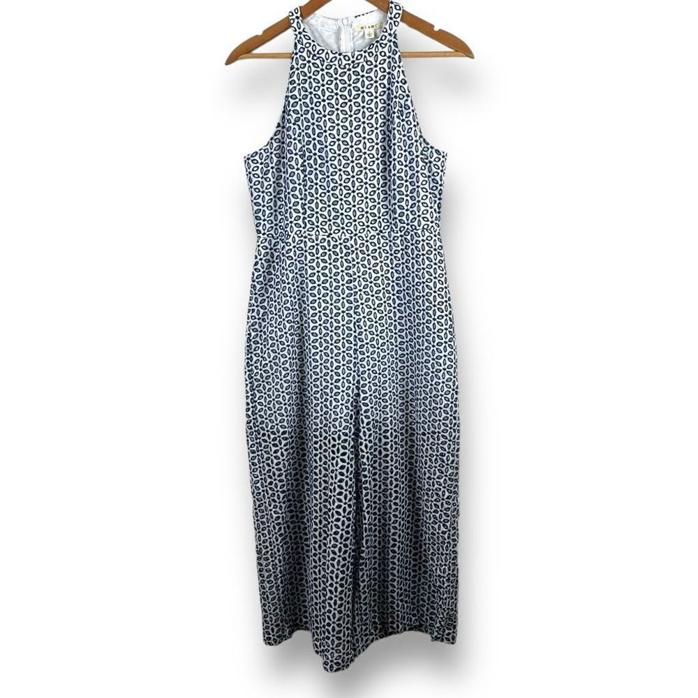 Miami Women's Size L Sleeveless Eyelet Lace Embroidered Jumpsuit White And Blue